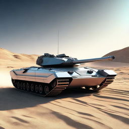 A high-quality 3D render of a futuristic tank, equipped with a high-powered laser cannon