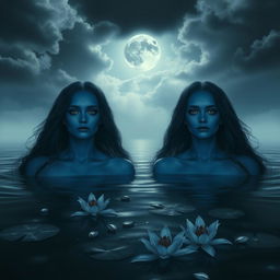 Two women with dark blue skin and fully black eyes, exuding a melancholic aura as they rise from dark, mysterious water