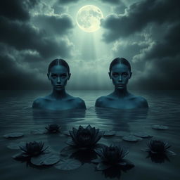 Two women with dark blue skin and fully black eyes, exuding a melancholic aura as they rise from dark, mysterious water