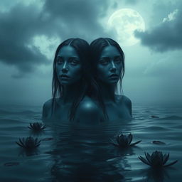 Two women with dark blue skin and fully black eyes, exuding a melancholic aura as they rise from dark, mysterious water