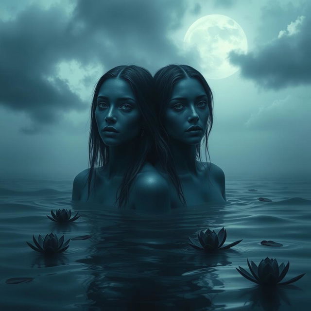 Two women with dark blue skin and fully black eyes, exuding a melancholic aura as they rise from dark, mysterious water