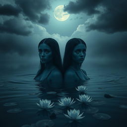 Two women with dark blue skin and fully black eyes, exuding a melancholic aura as they rise from dark, mysterious water