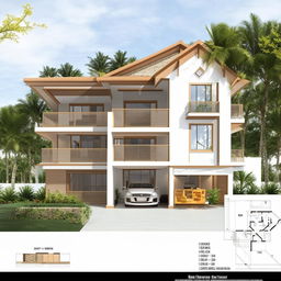 A two-story house blueprint with the ground floor as a garage, featuring 3 bedrooms, 2 bathrooms, a living room, a family room, a kitchen and a back room for laundry functions on the upper floor