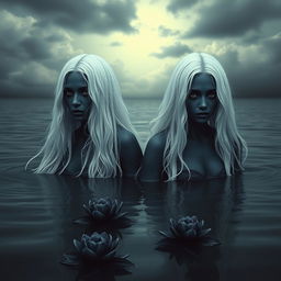 Two women with dark blue skin, fully black eyes, and long flowing white hair, emanating a melancholic vibe as they emerge from dark, murky water