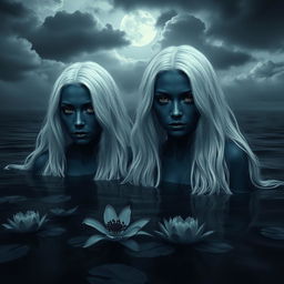 Two women with dark blue skin, fully black eyes, and long flowing white hair, emanating a melancholic vibe as they emerge from dark, murky water