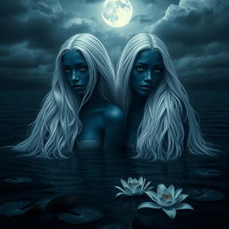 Two women with dark blue skin, fully black eyes, and long flowing white hair, emanating a melancholic vibe as they emerge from dark, murky water