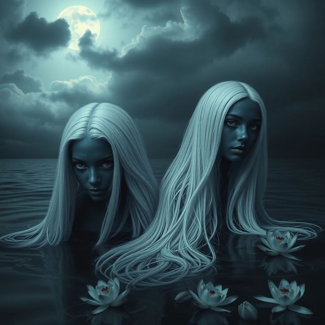 Two women with dark blue skin, fully black eyes, and long flowing white hair, emanating a melancholic vibe as they emerge from dark, murky water