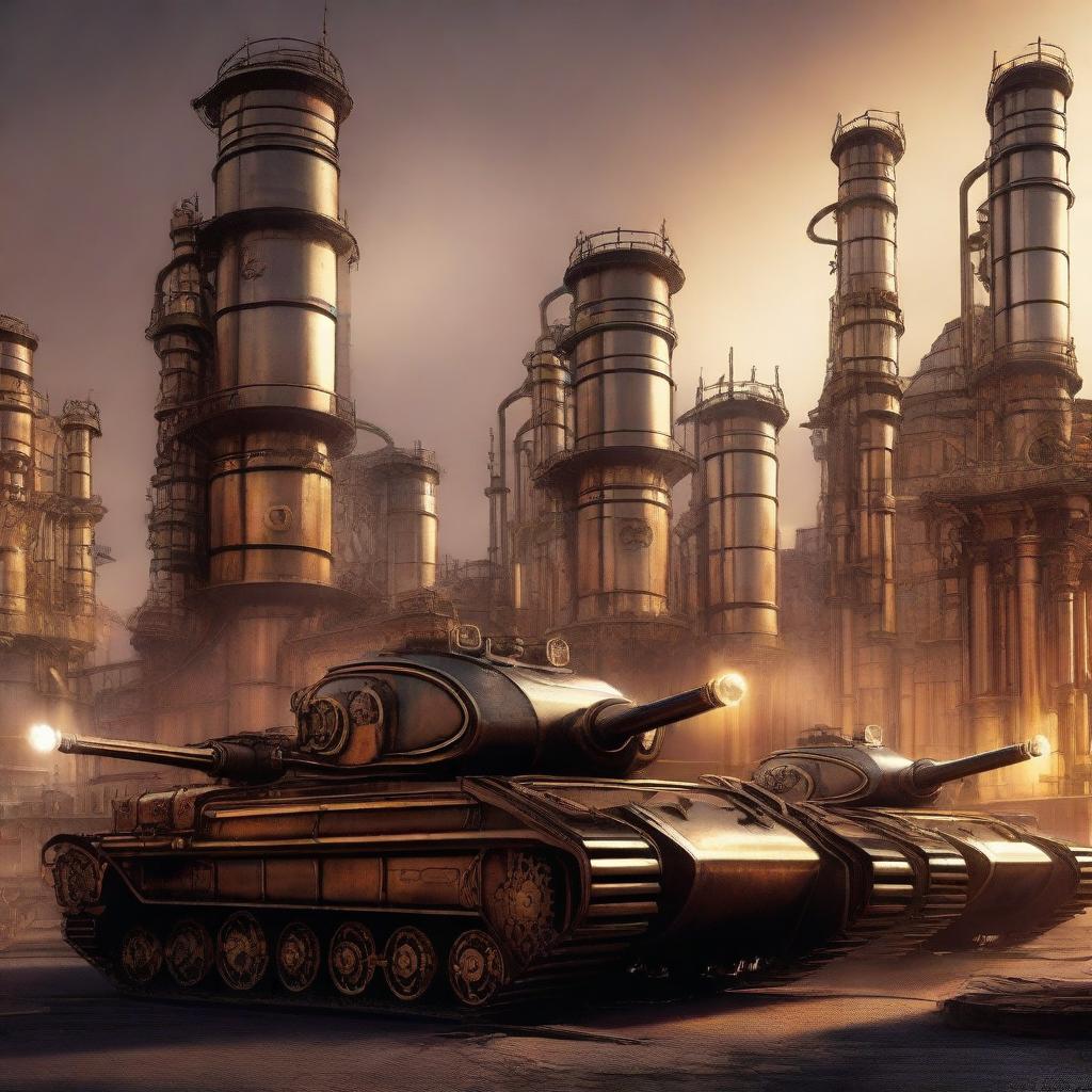 A high-resolution digital art image featuring a fleet of steampunk tanks