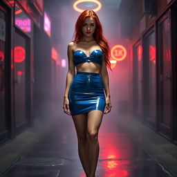 A full-body view of a 21-year-old thin girl with round silicone breast augmentation, exhibiting her striking red hair