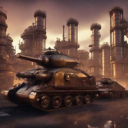 A high-resolution digital art image featuring a fleet of steampunk tanks