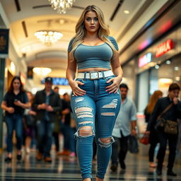 A sexy long curvy hourglass shaped girl with medium breasts and very low, very wide fat saddle bag bimbo hips, boasting long, shapely thick legs