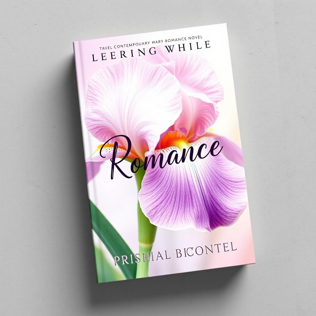 A modern and eye-catching book cover design for a contemporary romance novel featuring an elegant iris flower