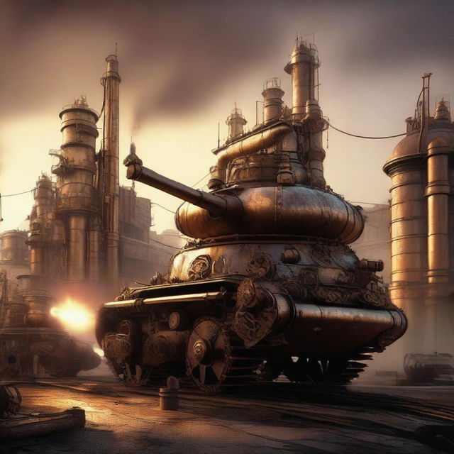 A high-resolution digital art image featuring a fleet of steampunk tanks