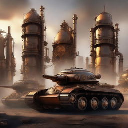 A high-resolution digital art image featuring a fleet of steampunk tanks