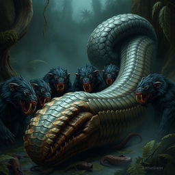 A pack of nine bugbears with dark fur and sharp teeth curiously staring at the enormous carcass of a giant serpent