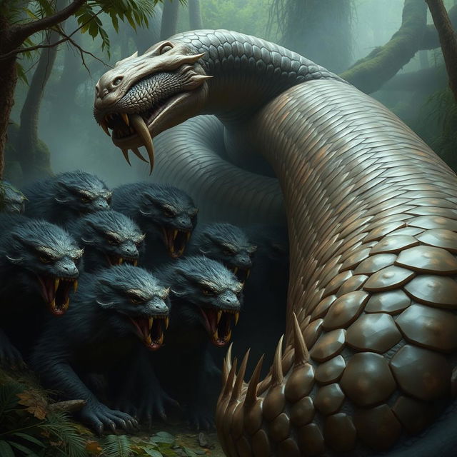 A pack of nine bugbears with dark fur and sharp teeth curiously staring at the enormous carcass of a giant serpent