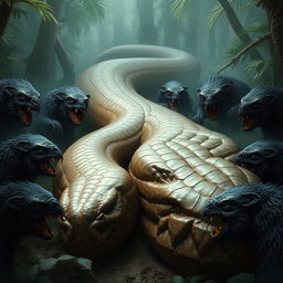 A pack of nine bugbears with dark fur and sharp teeth curiously staring at the enormous carcass of a giant serpent