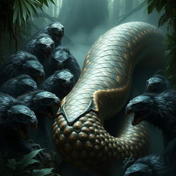 A pack of nine bugbears with dark fur and sharp teeth curiously staring at the enormous carcass of a giant serpent