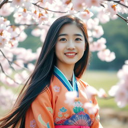 A stunningly beautiful Korean girl, with long flowing black hair and expressive brown eyes, stands in a serene landscape featuring cherry blossoms in full bloom