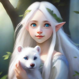 A high-resolution digital art piece featuring a teenage elf girl with long, flowing white hair