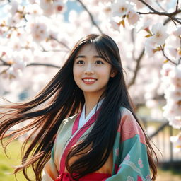 A stunningly beautiful Korean girl, with long flowing black hair and expressive brown eyes, stands in a serene landscape featuring cherry blossoms in full bloom