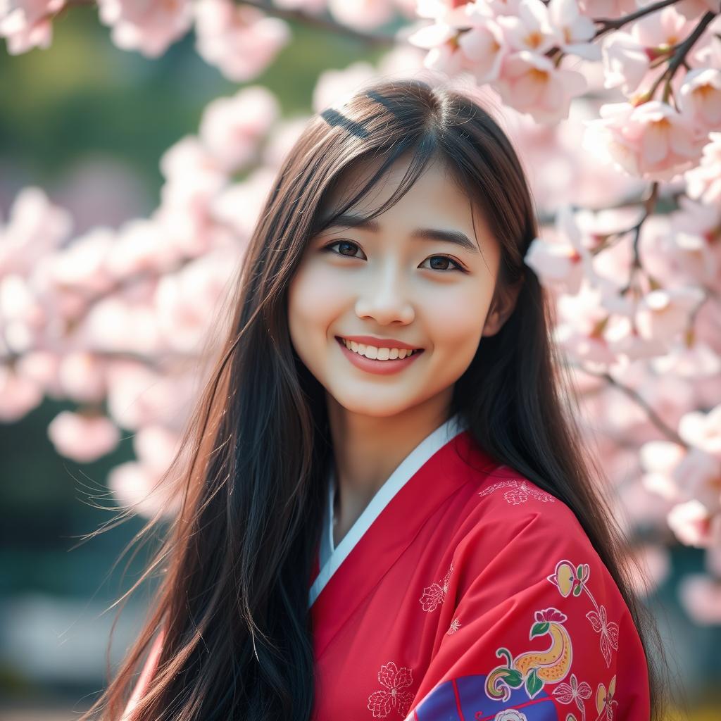 A stunningly beautiful Korean girl, with long flowing black hair and expressive brown eyes, stands in a serene landscape featuring cherry blossoms in full bloom