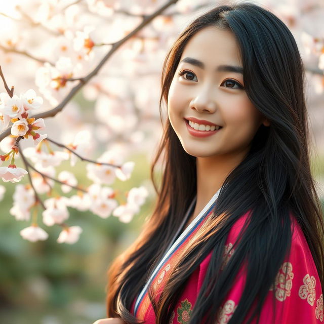 A stunningly beautiful Korean girl, with long flowing black hair and expressive brown eyes, stands in a serene landscape featuring cherry blossoms in full bloom