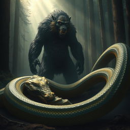 A menacing bugbear with dark, shaggy fur and sharp, intimidating teeth stares intently at the gigantic carcass of a serpent, which lies coiled and lifeless on the ground