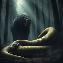 A menacing bugbear with dark, shaggy fur and sharp, intimidating teeth stares intently at the gigantic carcass of a serpent, which lies coiled and lifeless on the ground