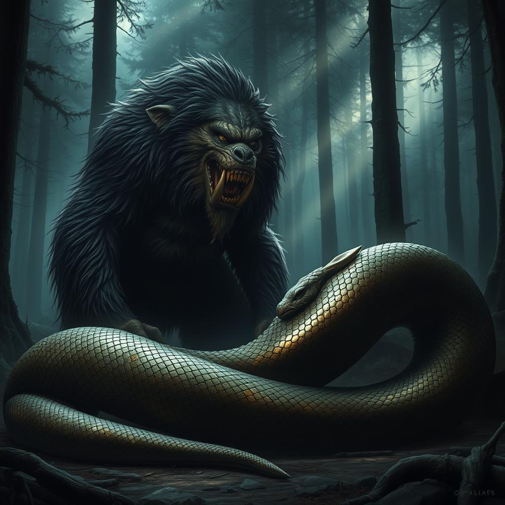 A menacing bugbear with dark, shaggy fur and sharp, intimidating teeth stares intently at the gigantic carcass of a serpent, which lies coiled and lifeless on the ground