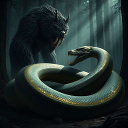 A menacing bugbear with dark, shaggy fur and sharp, intimidating teeth stares intently at the gigantic carcass of a serpent, which lies coiled and lifeless on the ground