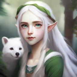 A high-resolution digital art piece featuring a teenage elf girl with long, flowing white hair