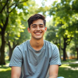 A portrait of a 21-year-old man with a bright smile, short dark hair, wearing a casual t-shirt and jeans, sitting in a park surrounded by lush green trees and sunlight filtering through the leaves, the atmosphere is cheerful and vibrant, capturing youth and joy