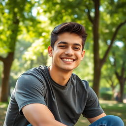 A portrait of a 21-year-old man with a bright smile, short dark hair, wearing a casual t-shirt and jeans, sitting in a park surrounded by lush green trees and sunlight filtering through the leaves, the atmosphere is cheerful and vibrant, capturing youth and joy