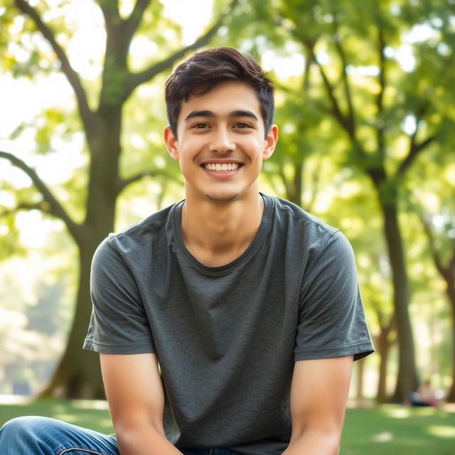 A portrait of a 21-year-old man with a bright smile, short dark hair, wearing a casual t-shirt and jeans, sitting in a park surrounded by lush green trees and sunlight filtering through the leaves, the atmosphere is cheerful and vibrant, capturing youth and joy