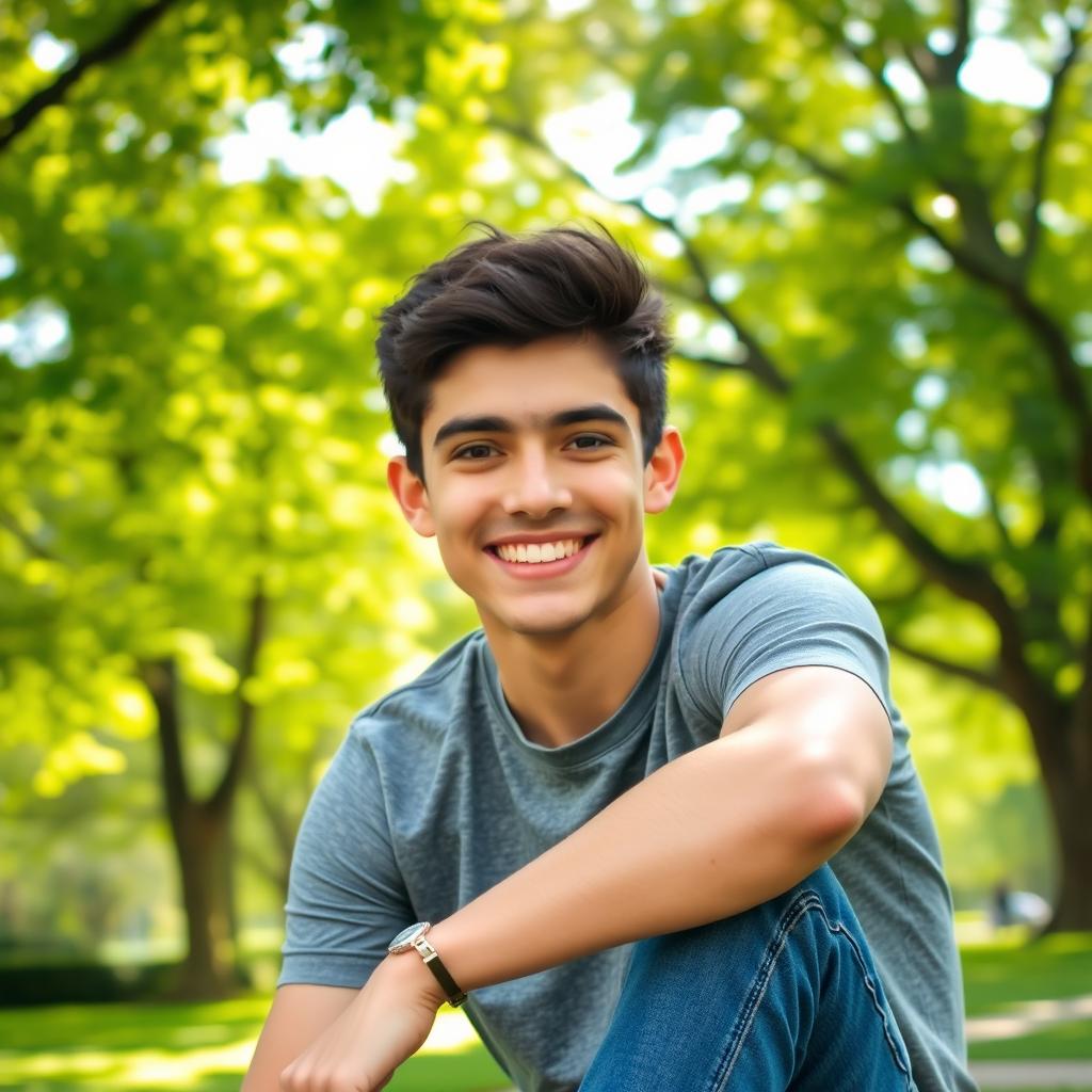 A portrait of a 21-year-old man with a bright smile, short dark hair, wearing a casual t-shirt and jeans, sitting in a park surrounded by lush green trees and sunlight filtering through the leaves, the atmosphere is cheerful and vibrant, capturing youth and joy