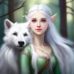 A high-resolution digital art piece featuring a teenage elf girl with long, flowing white hair