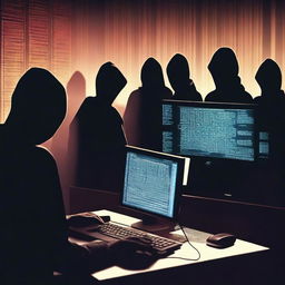 A high-resolution digital art image depicting a group of hackers at work