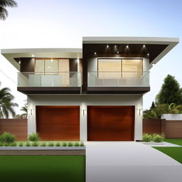 A two-story house blueprint with the ground floor as a garage, featuring 3 bedrooms, 2 bathrooms, a living room, a family room, a kitchen and a back room for laundry functions on the upper floor