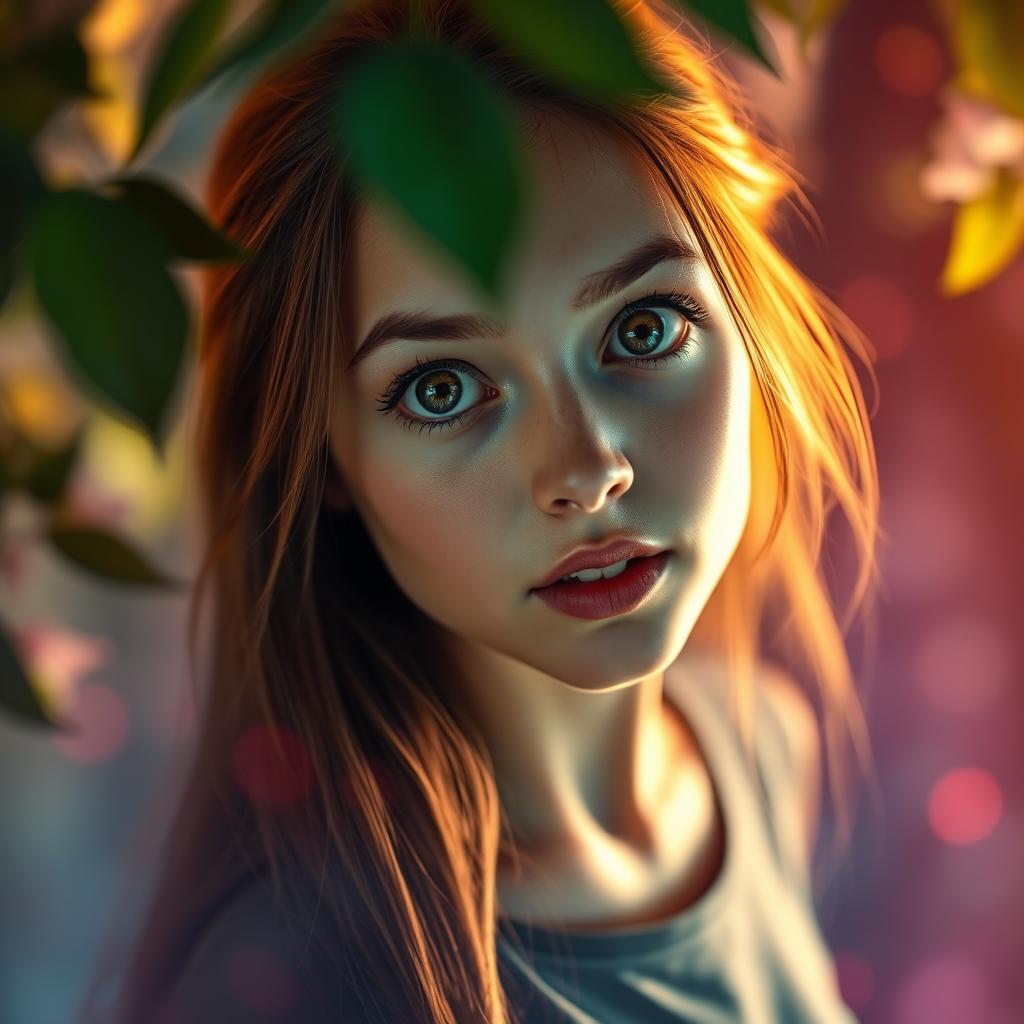 A young woman with long, flowing hair, gazing intensely with captivating eyes, set against a dreamy background of vibrant colors and soft bokeh effects