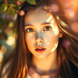 A young woman with long, flowing hair, gazing intensely with captivating eyes, set against a dreamy background of vibrant colors and soft bokeh effects