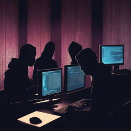 A high-resolution digital art image depicting a group of hackers at work