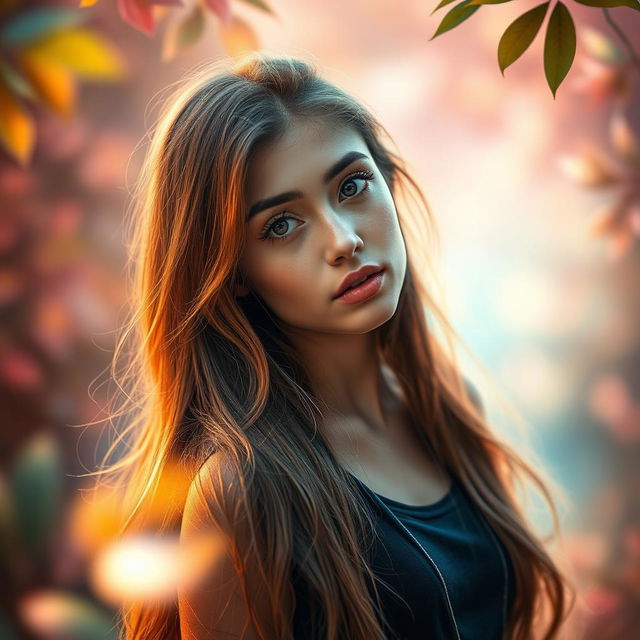 A young woman with long, flowing hair, gazing intensely with captivating eyes, set against a dreamy background of vibrant colors and soft bokeh effects