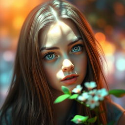A young woman with long, flowing hair, gazing intensely with captivating eyes, set against a dreamy background of vibrant colors and soft bokeh effects