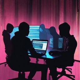 A high-resolution digital art image depicting a group of hackers at work