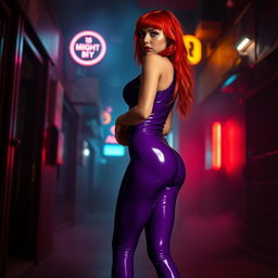 A full-body view of a 21-year-old thin girl with round silicone breast augmentation, showcasing her vibrant red hair