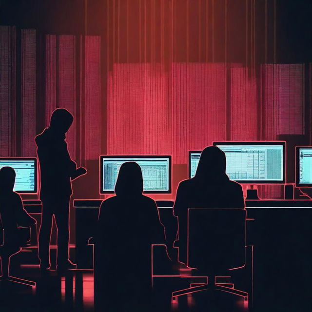 A high-resolution digital art image depicting a group of hackers at work