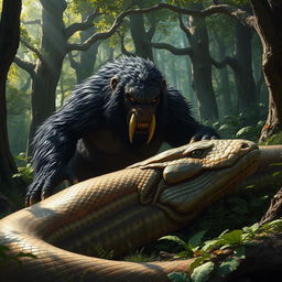 An imposing bugbear with dark, coarse fur and sharp, menacing teeth stares intently at the massive carcass of a giant snake, which is sprawled out on the forest floor