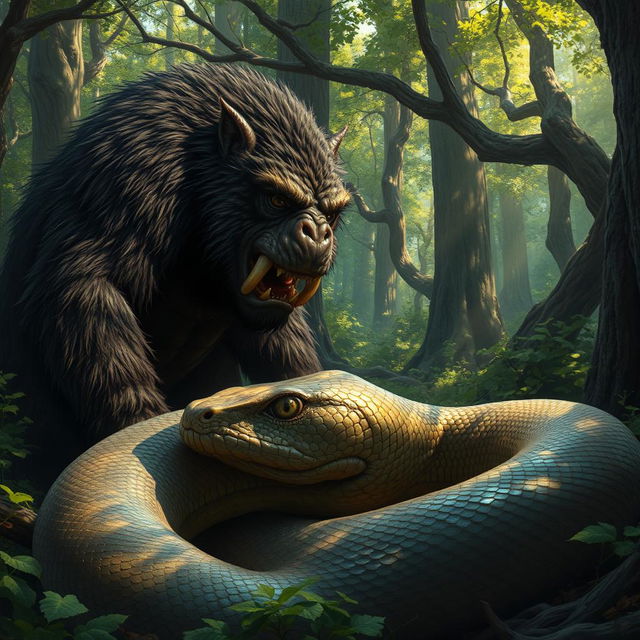 An imposing bugbear with dark, coarse fur and sharp, menacing teeth stares intently at the massive carcass of a giant snake, which is sprawled out on the forest floor