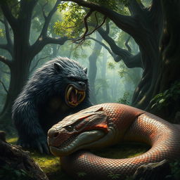 An imposing bugbear with dark, coarse fur and sharp, menacing teeth stares intently at the massive carcass of a giant snake, which is sprawled out on the forest floor